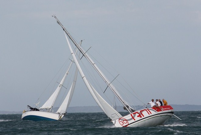 Paul Laurence’s new First 30 ,G2, had their hands full as the breeze pumped in the afternoon of day one - Ensign Yachts QLD French Yacht Challenge and Beneteau Cup 2011 © Tracey Johnstone